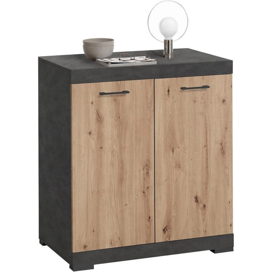 Das Sideboard verbindet seine Form mit Holzwerkstoff und Kunststoff
