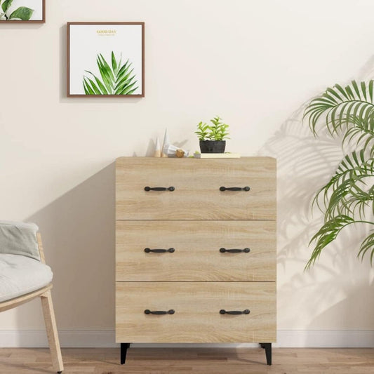 Holzwerkstoff zeigt sich am schmalen Sideboard in heller Eichenoptik