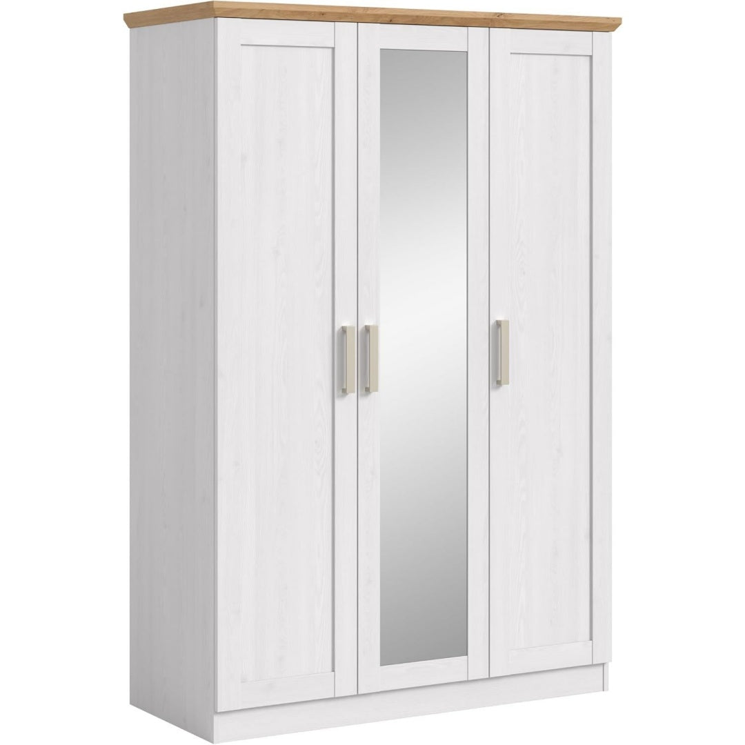Ein Spiegel trifft bei dem Kleiderschrank auf geschlossenen Stauraum